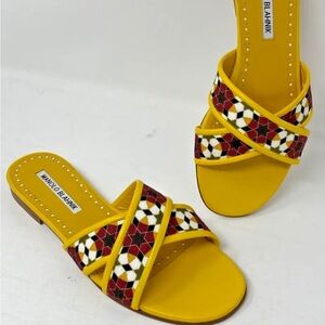 Manolo Blahnik IFNETA Yellow FLAT Linen Sandals Slides